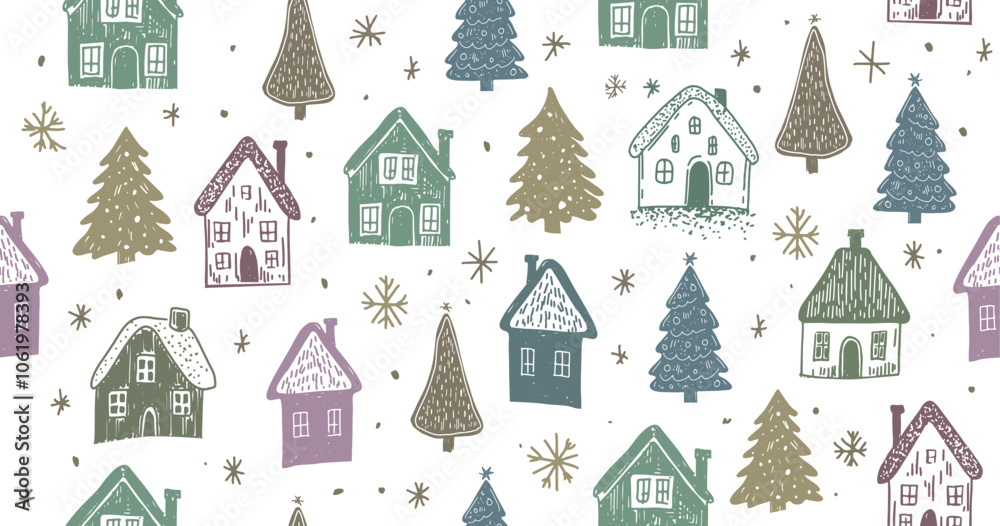 Christmas houses with tree pattern on white	
