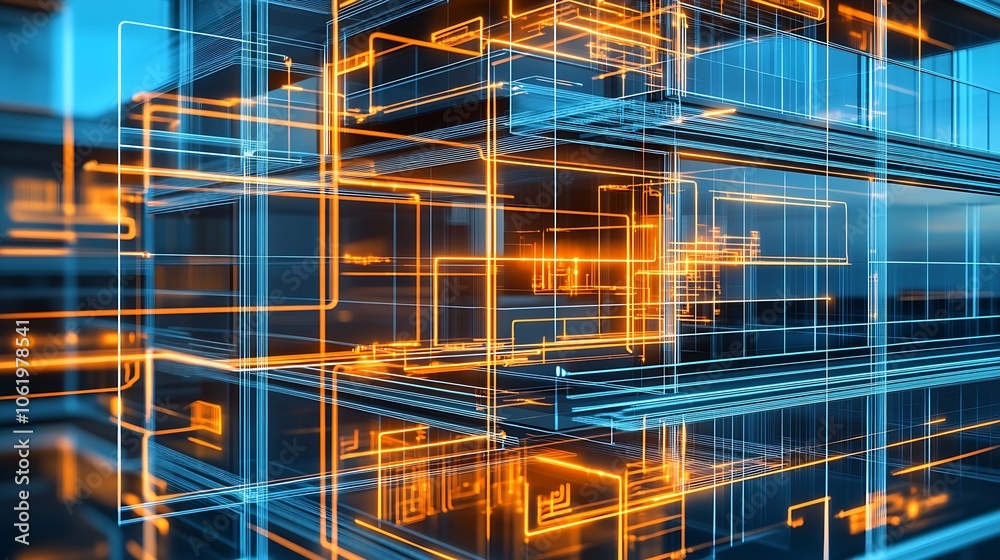 Advanced digital structural concept with illuminated blue and orange lines : Generative AI Advanced digital structural concept with illuminated blue and orange lines : Generative AI