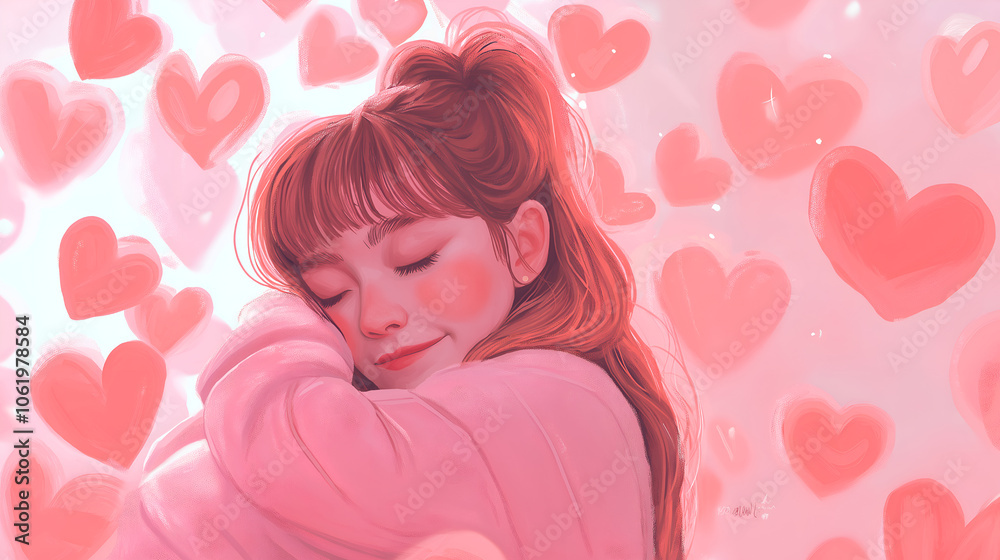 Young woman hugging herself with hearts on background. Love yourself concept Young woman hugging herself with hearts on background. Love yourself concept