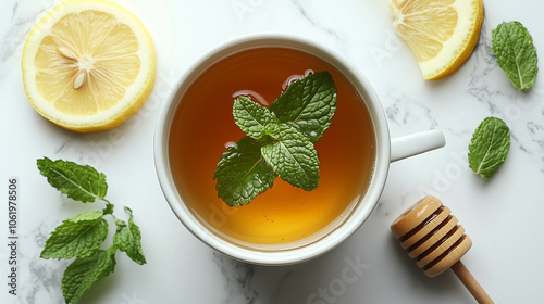 Hot mint tea with lemon and honey for immune support photo