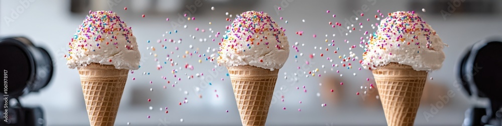 Colorful ice cream cones with sprinkles Colorful ice cream cones with sprinkles