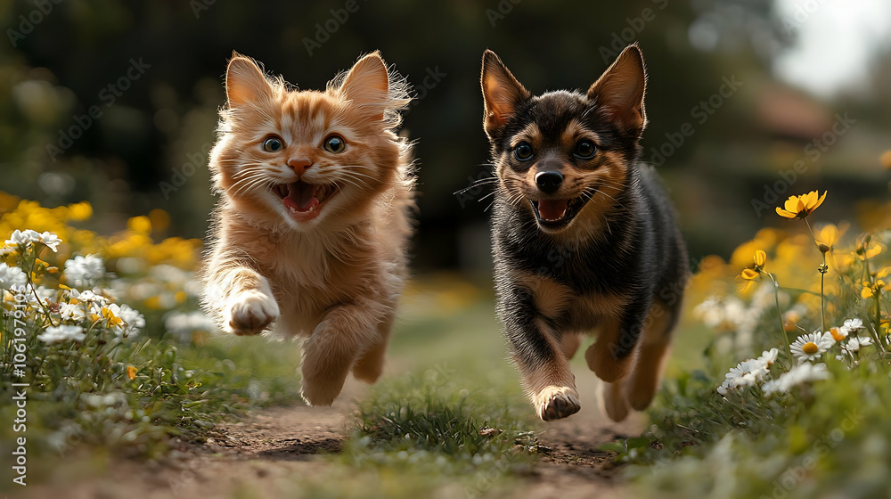 Playful Cat and Dog Running in Field of Flowers - Photo Playful Cat and Dog Running in Field of Flowers - Photo