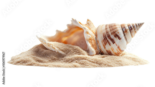 Two seashells rest on a pile of soft sand, showcasing natural beauty and summery vibes perfect for beach-themed designs or relaxing concepts. photo