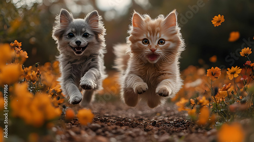 Playful Puppy and Kitten Running Through Flowers - Photo