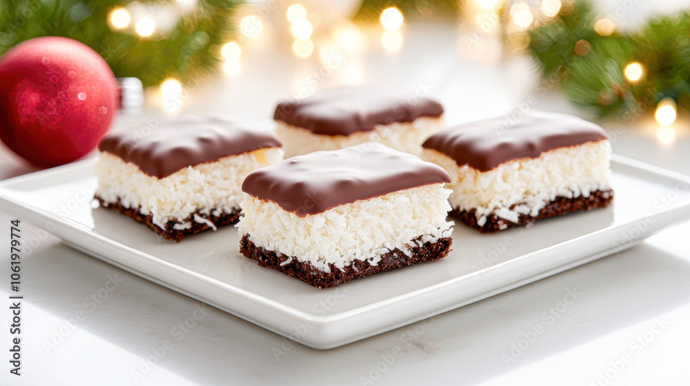 A plate of four chocolate and coconut cakes A plate of four chocolate and coconut cakes