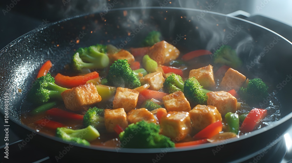 Savory Vegan Stir-Fry: Tofu, broccoli, peppers simmering in a rich sauce. A delightful, healthy meal! Savory Vegan Stir-Fry: Tofu, broccoli, peppers simmering in a rich sauce. A delightful, healthy meal!