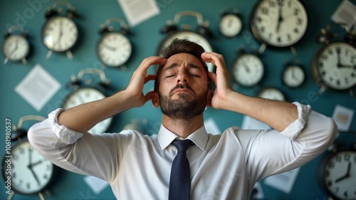 Stressed businessman in a suit holding his head with multiple clocks on the wall behind him, symbolizing time pressure and work-related stress in a corporate setting.