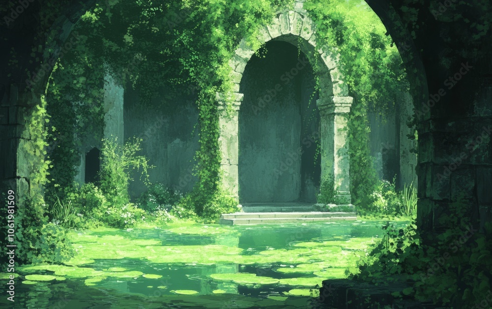 A serene, verdant landscape featuring ancient stone arches surrounded by lush greenery and a tranquil pond, evoking a sense of peace and hidden beauty. A serene, verdant landscape featuring ancient stone arches surrounded by lush greenery and a tranquil pond, evoking a sense of peace and hidden beauty.