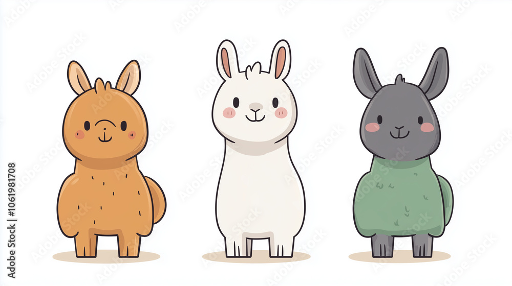 Charming kawaii illustration of cute llamas in pastel colors standing together in a playful setting Charming kawaii illustration of cute llamas in pastel colors standing together in a playful setting