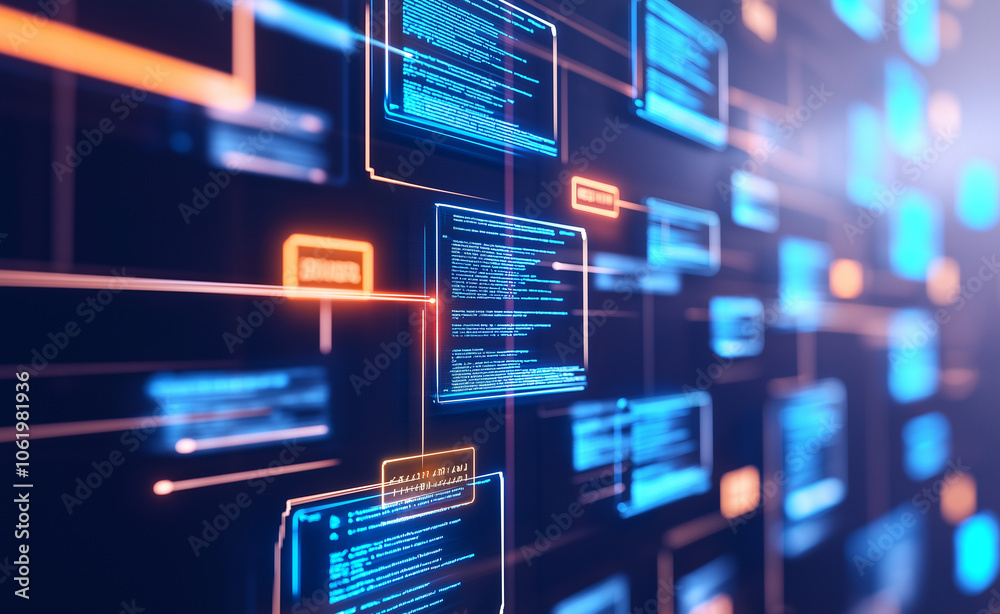 Digital data blocks or code snippets float in a dark, futuristic space with neon lights, symbolizing programming and cyber technology. Digital data blocks or code snippets float in a dark, futuristic space with neon lights, symbolizing programming and cyber technology.