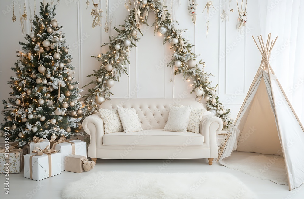 Sophisticated Festive Living Room with Opulent Holiday Adornments and Christmas Tree Display : Generative AI Sophisticated Festive Living Room with Opulent Holiday Adornments and Christmas Tree Display : Generative AI