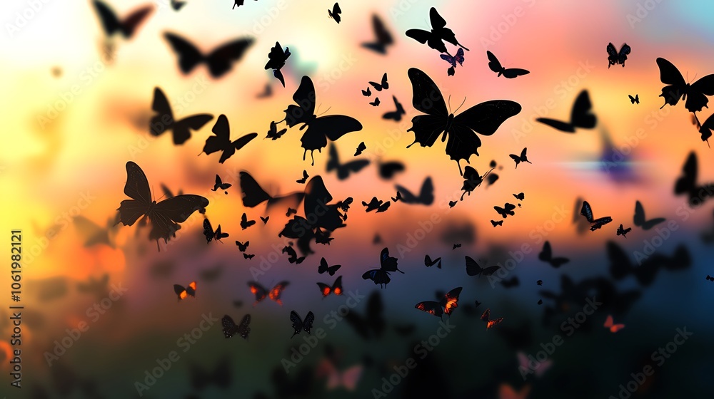 Realistic butterfly swarm with dark silhouette effect background image Realistic butterfly swarm with dark silhouette effect background image