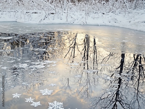 Winter landscape with icy reflections. photo