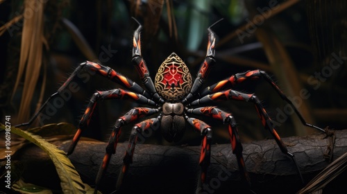 A surreal representation of a Brazilian Wandering Spider, where its web is artistically interwoven with elements of the jungle, creating a dreamlike, intricate pattern. photo