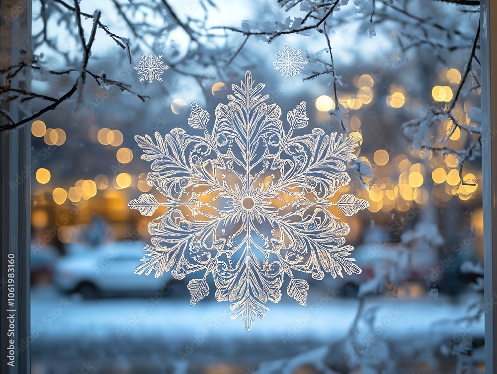 Snowflake decoration on a frosted window Snowflake decoration on a frosted window