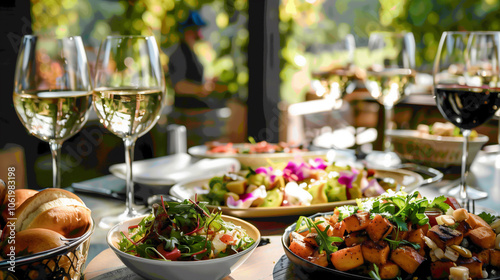 Elegant Outdoor Dining with Assorted Vegetarian Dishes and Wine