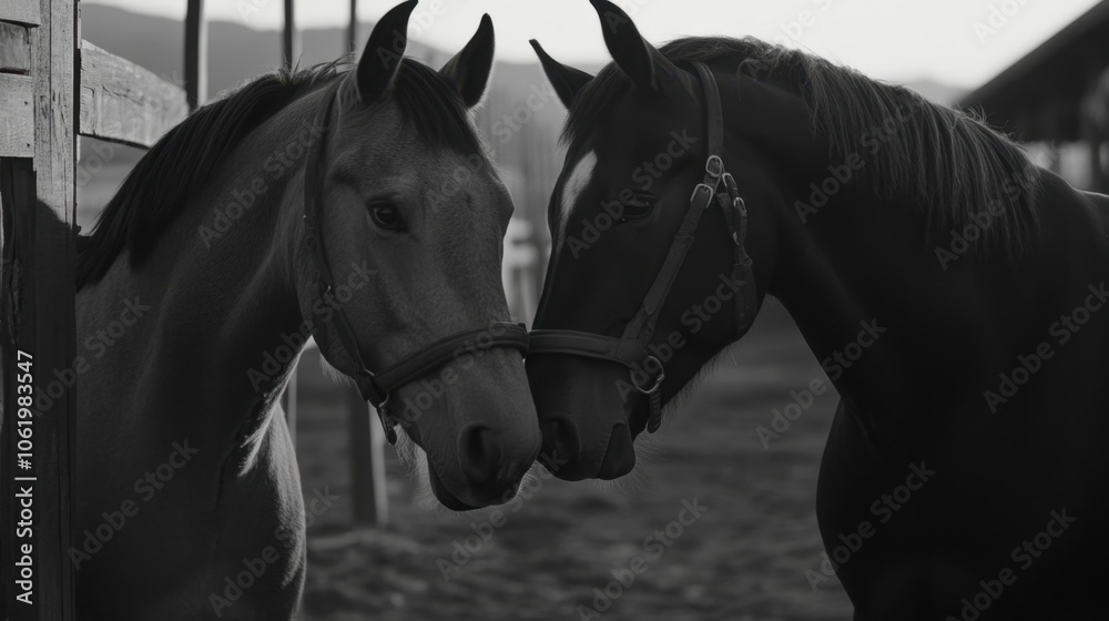 Obraz premium Horses Interacting in Black and White Photo