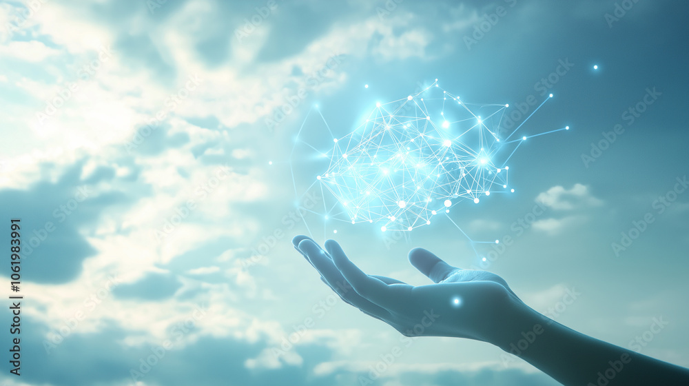 A digital network visualization hovers over an open hand against a cloudy sky, symbolizing technology and innovation. A digital network visualization hovers over an open hand against a cloudy sky, symbolizing technology and innovation.