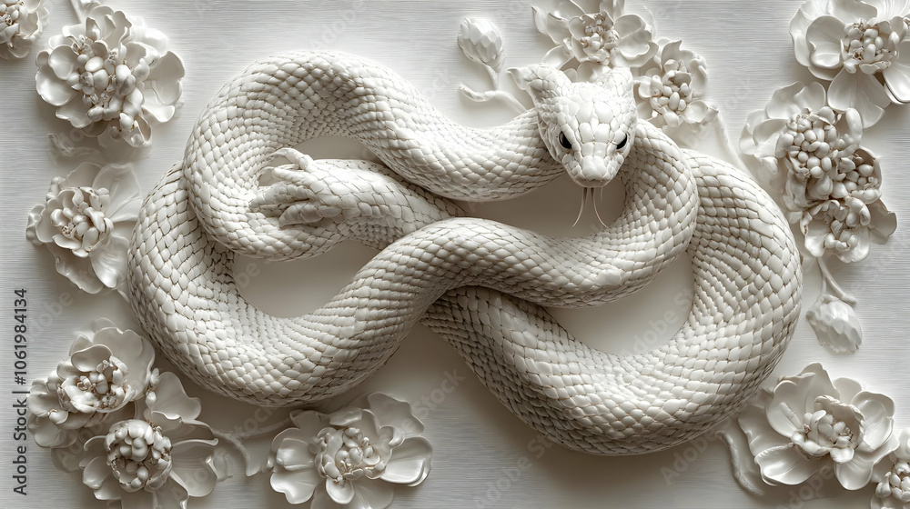 White Snake and Flowers 3D Illustration