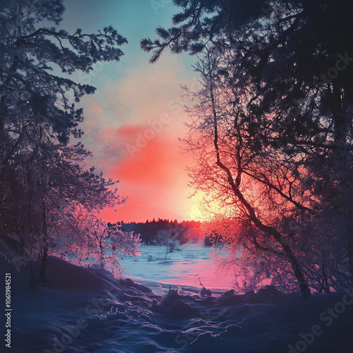 Serene Winter Landscape at Sunset: Snow-Covered Trees, Frosty Environment, Vibrant Colorful Sky, Tranquil Forest Scene, Quiet Moment in Nature, No Human Activity, Peaceful Winter Wonderland.