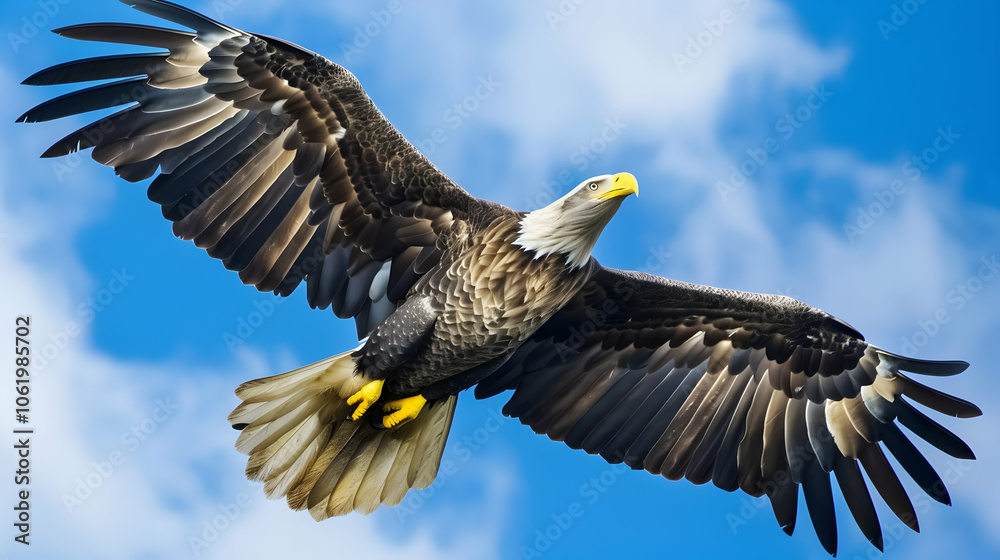 Obraz premium A majestic eagle soaring through a blue sky with outstretched wings.