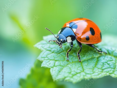 Ladybug emerging from foliage, rich detail on shell, natural soft light, bright colors, simplicity and beauty in nature