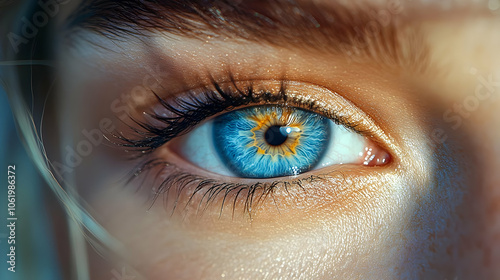 Close-up Blue Eye with Sunlit Skin Realistic Image