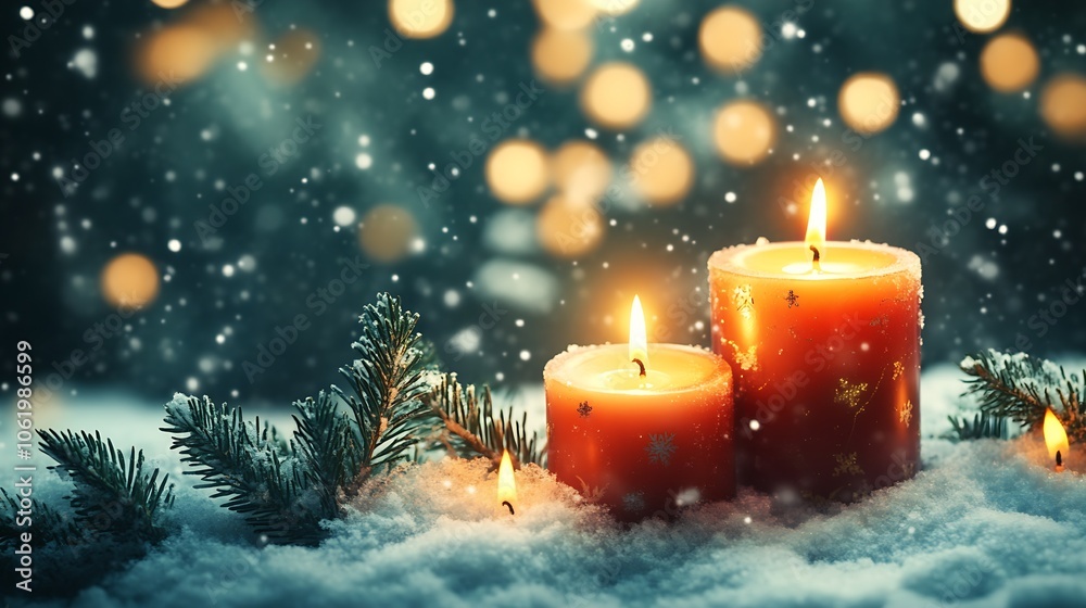 Cozy Winter Scene with Glowing Red Candles and Snow-Covered Pine Branches : Generative AI Cozy Winter Scene with Glowing Red Candles and Snow-Covered Pine Branches : Generative AI