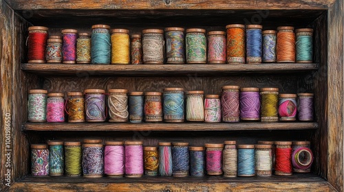 Colorful Spools of Thread on Wooden Shelves