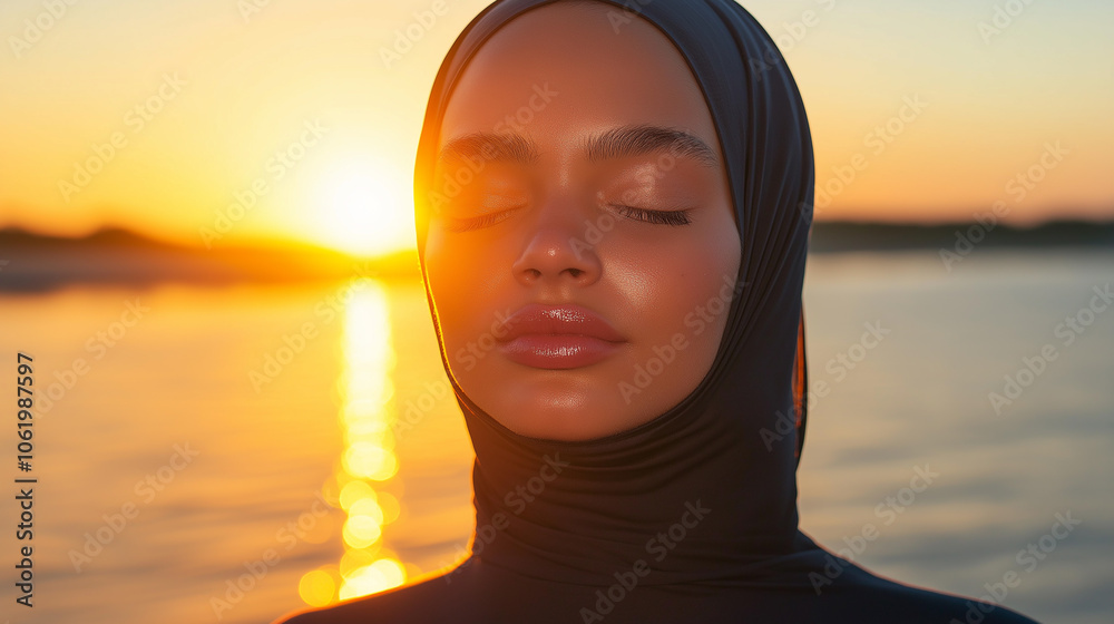 Portrait of a woman in a burkini with a sunset glow on her face, creating a warm, confident aura by the shore Portrait of a woman in a burkini with a sunset glow on her face, creating a warm, confident aura by the shore