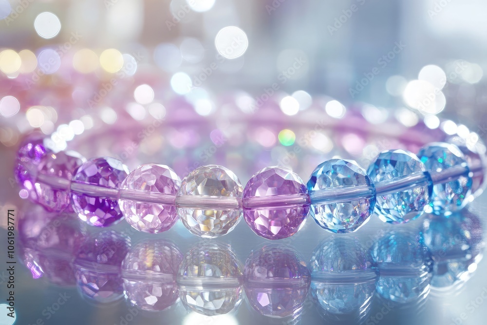Close-Up of a Colorful Gemstone Bracelet on a White Table with a Bokeh Background in a Jewelry Store Close-Up of a Colorful Gemstone Bracelet on a White Table with a Bokeh Background in a Jewelry Store