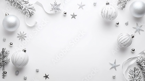 White and Silver Christmas Ornaments with Pine and Ribbon Details : Generative AI photo