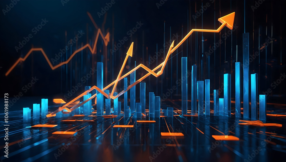 Naklejka premium Futuristic financial graph with glowing orange and blue elements, showcasing upward trends and data visualization. This dynamic representation symbolizes growth and progress in finance