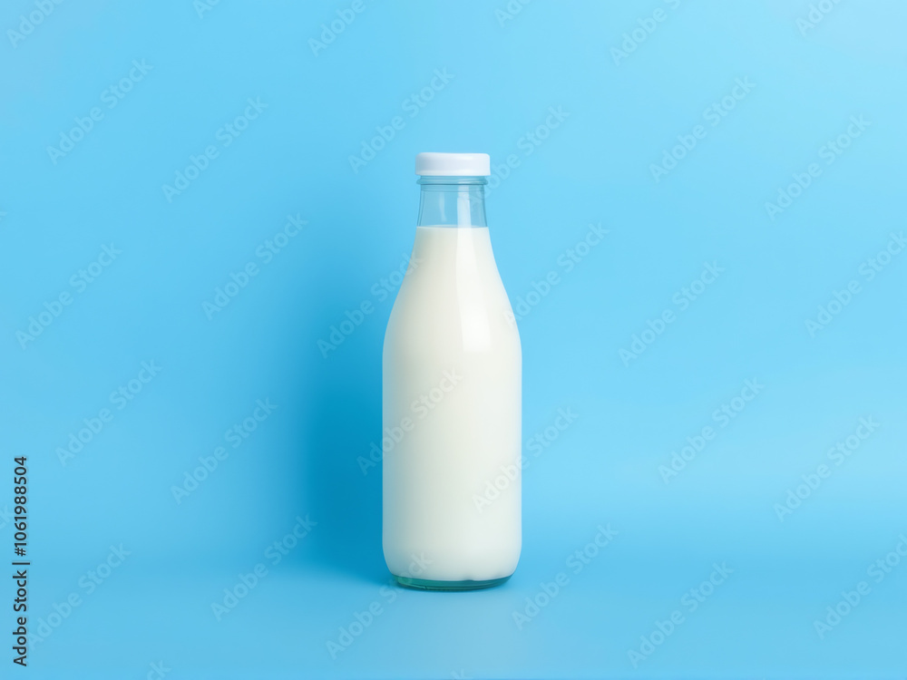 bottle of milk placed against a vibrant blue background, highlighting its freshness and simplicity bottle of milk placed against a vibrant blue background, highlighting its freshness and simplicity