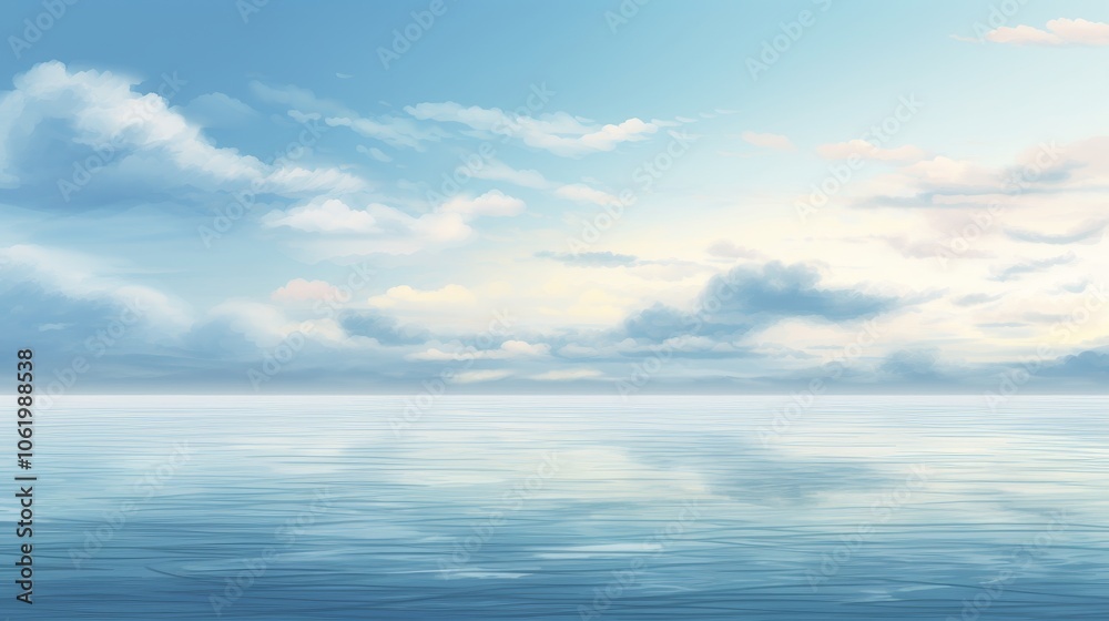 A serene ocean landscape with calm waters reflecting a beautiful sky filled with soft clouds. A serene ocean landscape with calm waters reflecting a beautiful sky filled with soft clouds.