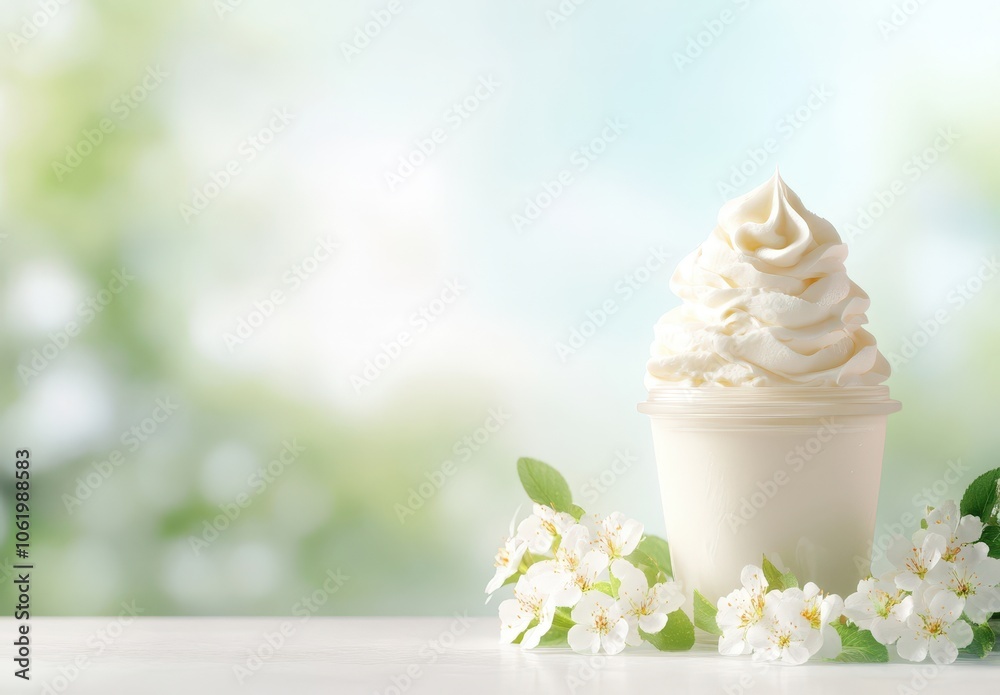 Creamy soft serve ice cream with fresh spring flowers Creamy soft serve ice cream with fresh spring flowers