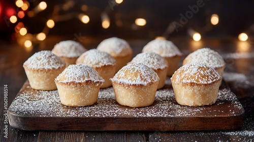 Mini mince pies with golden crusts and sprinkles of powdered sugar, isolated on a dark wood background with festive lights photo