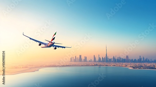 Airplane Soars Over Dubai Skyline at Sunrise Travel and Tourism Concept : Generative AI photo