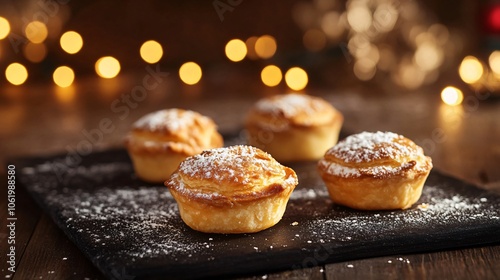 Mini mince pies with golden crusts and sprinkles of powdered sugar, isolated on a dark wood background with festive lights photo