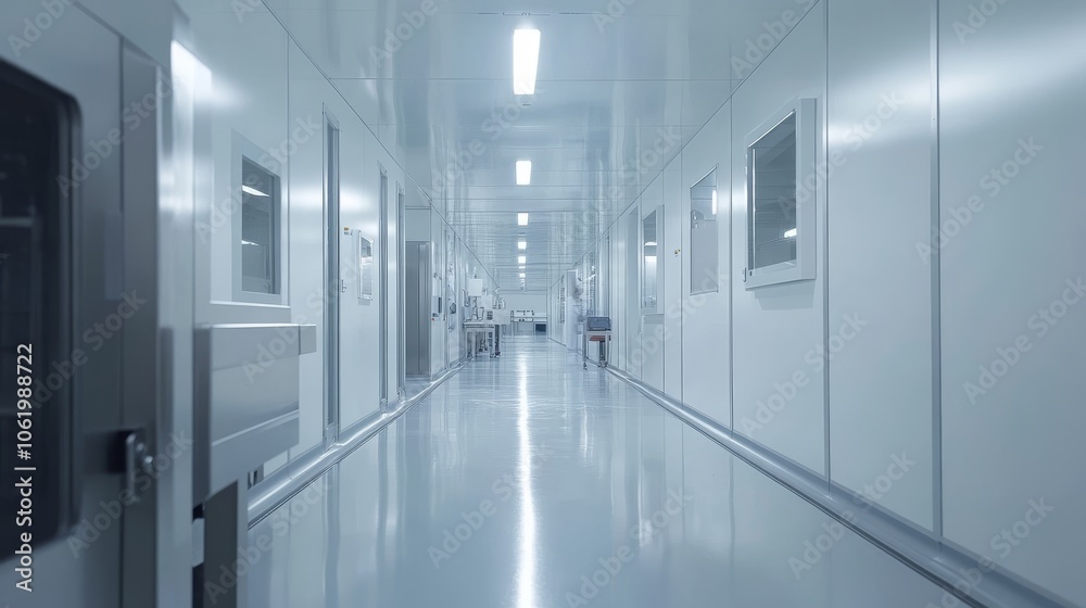 A sterile, modern corridor in a cleanroom environment, designed for scientific or industrial purposes.
