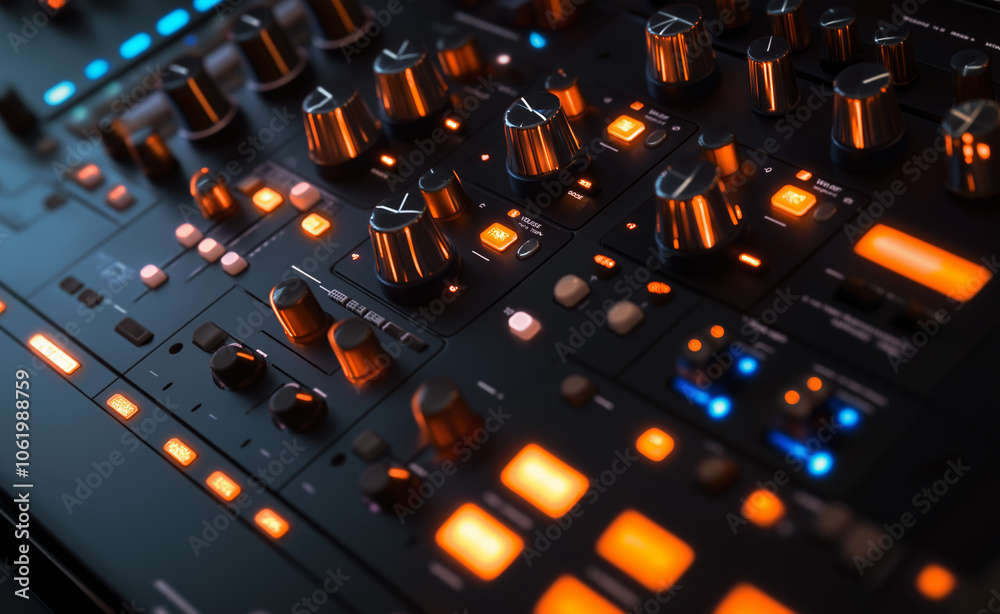 Close-up of an audio mixing console with glowing buttons and knobs, highlighting technology and music production. Close-up of an audio mixing console with glowing buttons and knobs, highlighting technology and music production.