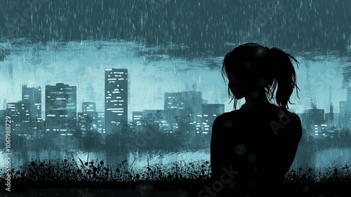 A silhouette of a woman gazing out at a city skyline during a gentle rain, evoking loneliness and solitude.