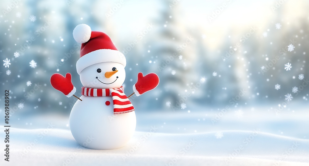 Delightful snowman in winter landscape with falling snow : Generative AI Delightful snowman in winter landscape with falling snow : Generative AI