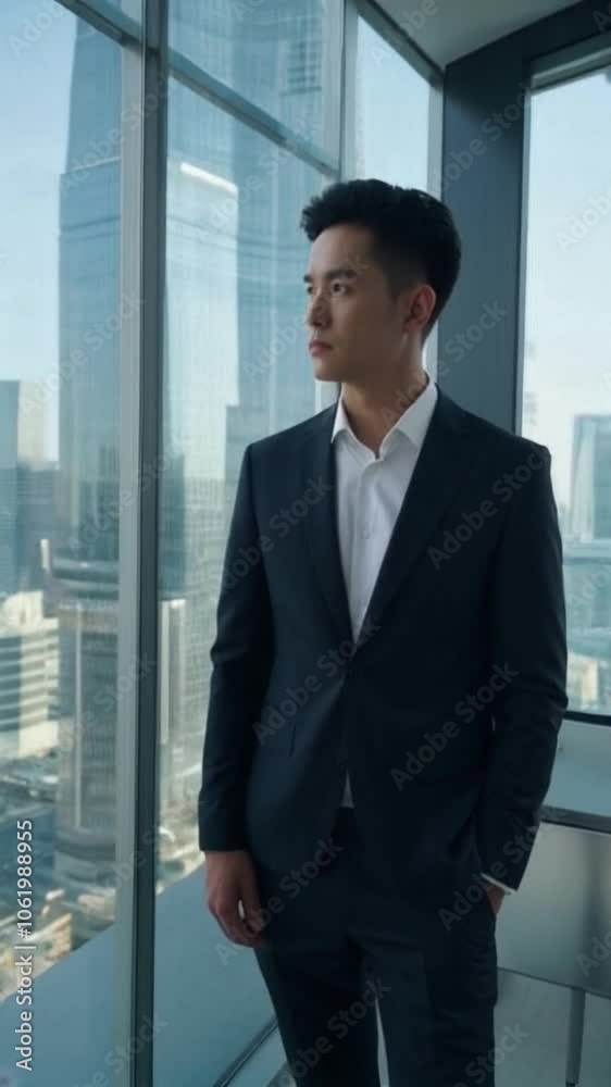 Young asian businessman in a suit is standing in front of a window looking out at the city Young asian businessman in a suit is standing in front of a window looking out at the city
