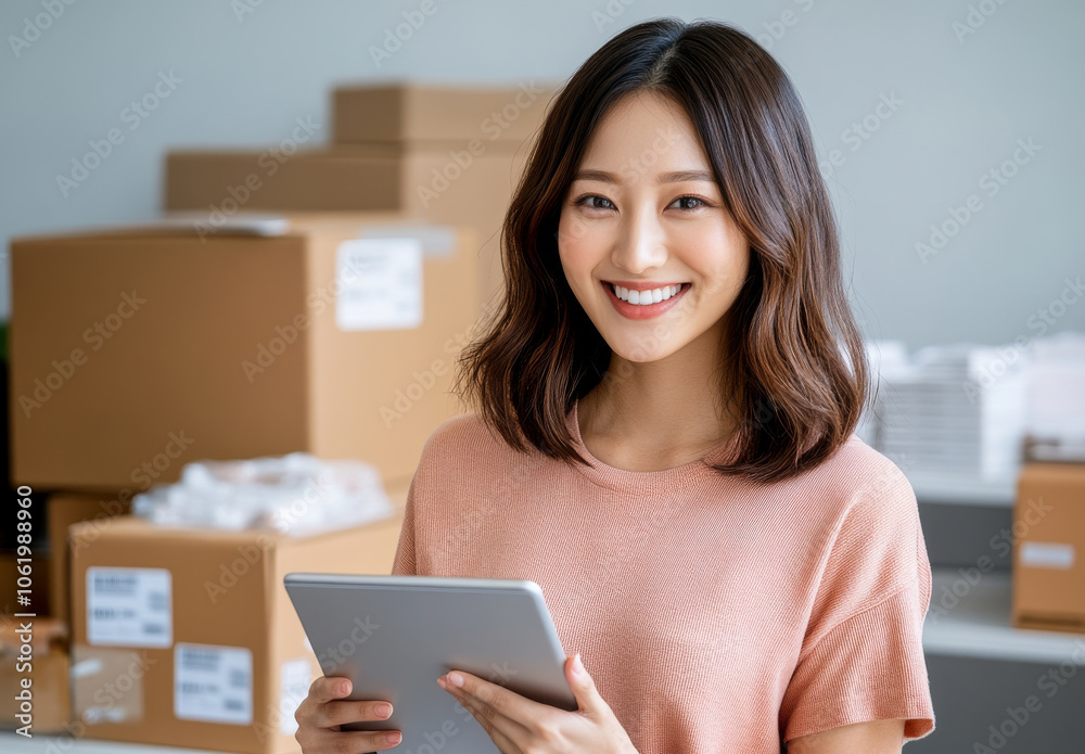 Smiling woman holding tablet amidst packed boxes in modern workspace environment Smiling woman holding tablet amidst packed boxes in modern workspace environment