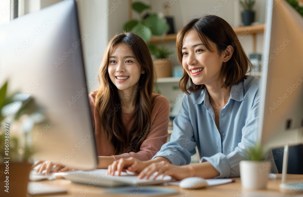 Two smiling Asian women collaborating at a desk in a modern home office, creating a friendly and collaborative atmosphere. This setting is ideal for teamwork, business, and productivity themes Two smiling Asian women collaborating at a desk in a modern home office, creating a friendly and collaborative atmosphere. This setting is ideal for teamwork, business, and productivity themes