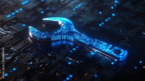  Blue digital wrench spanner with glowing binary code photo