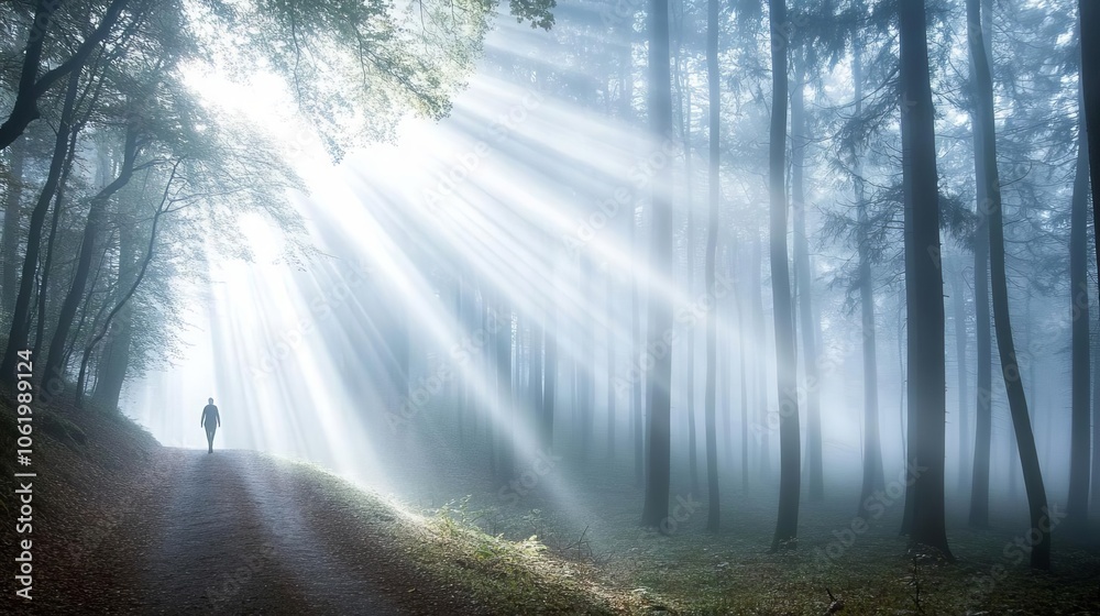 A person walking alone on a foggy forest path, with rays of light breaking through the trees, symbolizing the journey from darkness to hope A person walking alone on a foggy forest path, with rays of light breaking through the trees, symbolizing the journey from darkness to hope