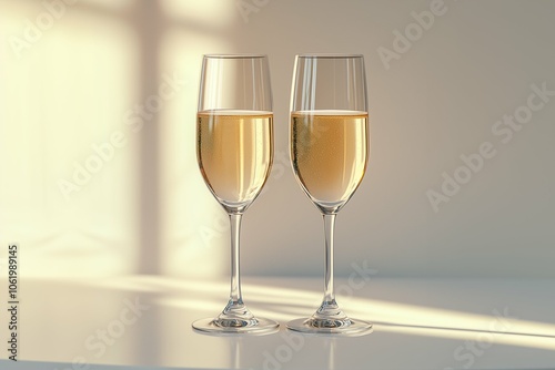 Two Champagne Glasses on a white Sunlit Table