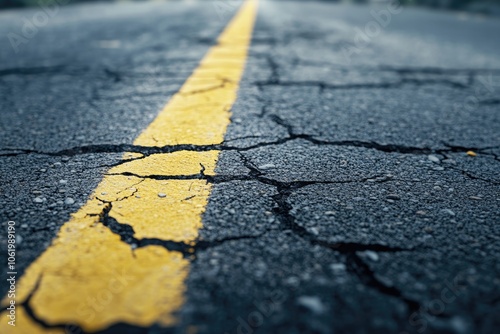 Close-up of an asphalt road with cracks and a yellow line, cracks on the concrete street surface in the background, cracked ground during an earthquake concept